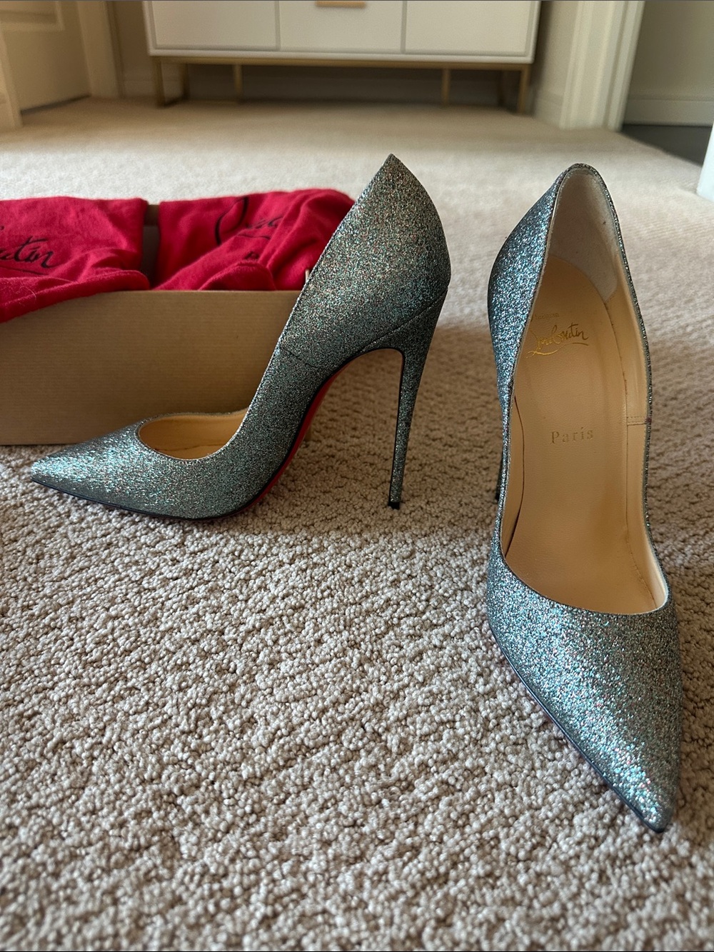 Christian Louboutin Glitter Pointed-Toe Pumps - Silver Sparkle with Red Sole, 38